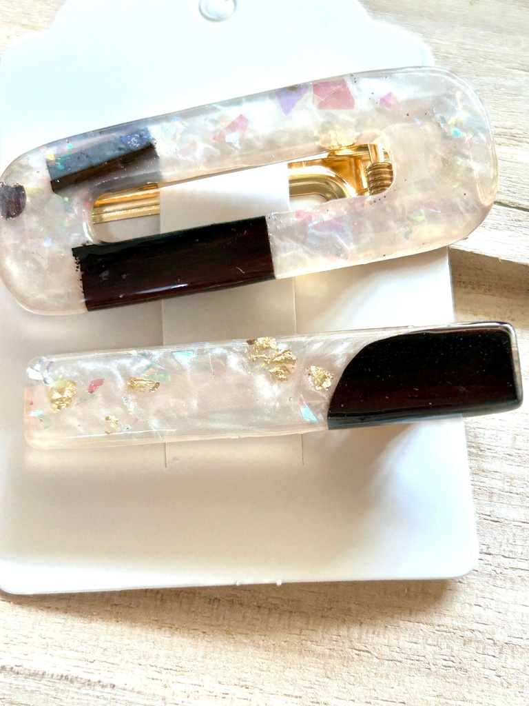 【mirageシリーズ】ウッドレジン ヘアクリップ 2本セット|ウォールナット×パールホワイト|オーロラホロ|ハンドメイド ヘアアクセサリー