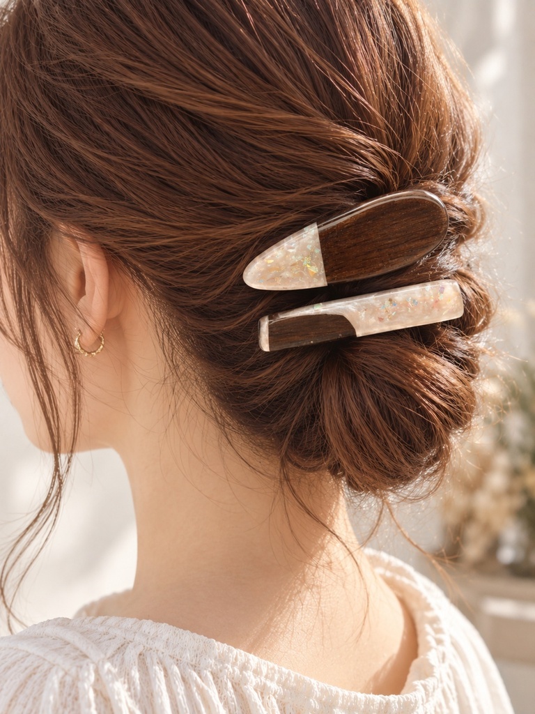 【mirageシリーズ】Bタイプ ウッドレジン ヘアクリップ 2本セット|ウォールナット×パールホワイト|オーロラホロ|ハンドメイド ヘアアクセサリー