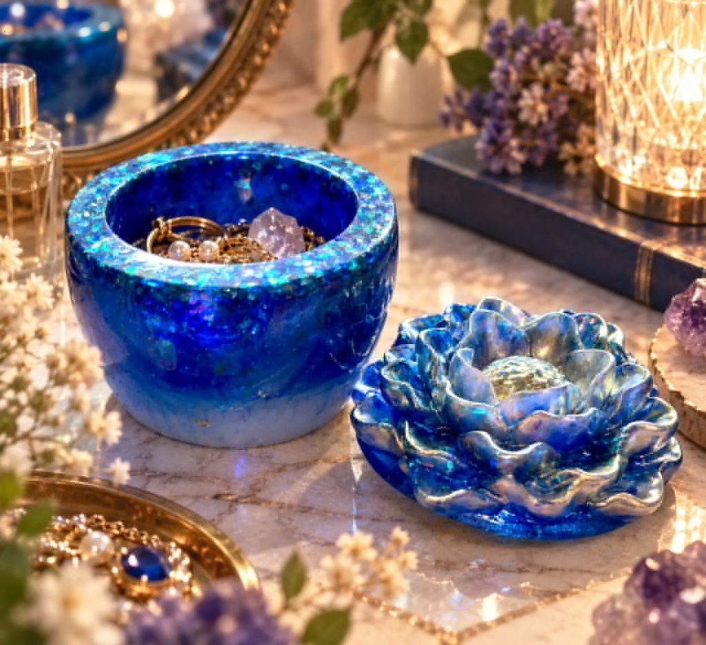 【mirageシリーズ】青い小花のレジン小物入れ|オーロラホロ・アクセサリーケース・ジュエリーボックス|ハンドメイド
