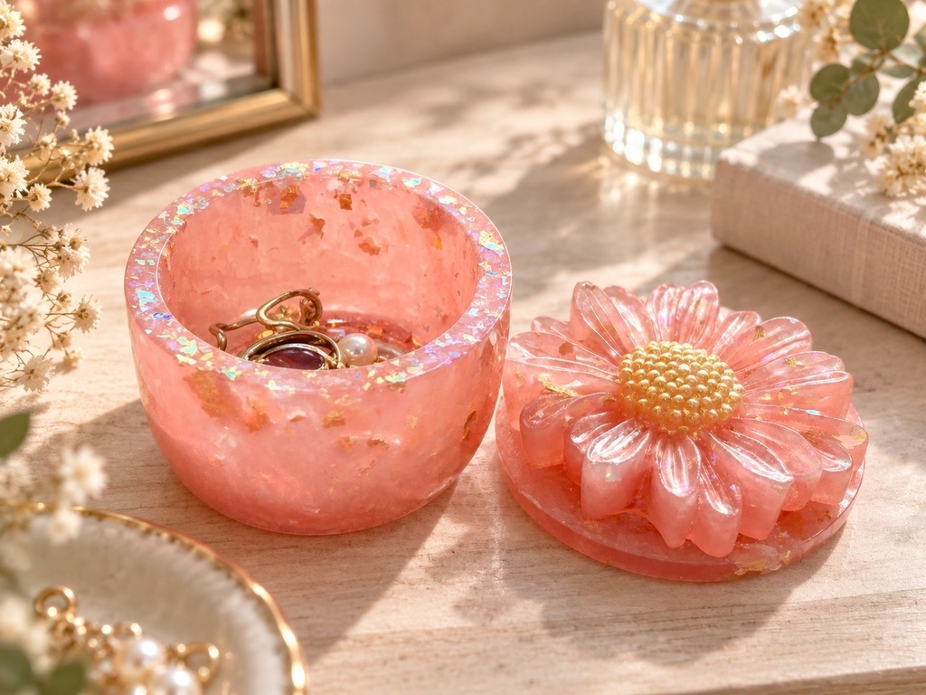 【Mirageシリーズ】コスモスのウッドレジン小物入れ|花モチーフ・オーロラホロ・蓋付きアクセサリーケース|ハンドメイド