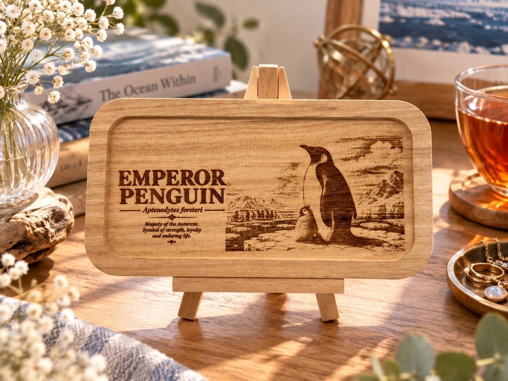 【図鑑シリーズ】皇帝ペンギン 木製アクセサリートレー|ミニイーゼル付き|レーザー刻印・鍵置き・小物入れ・インテリア