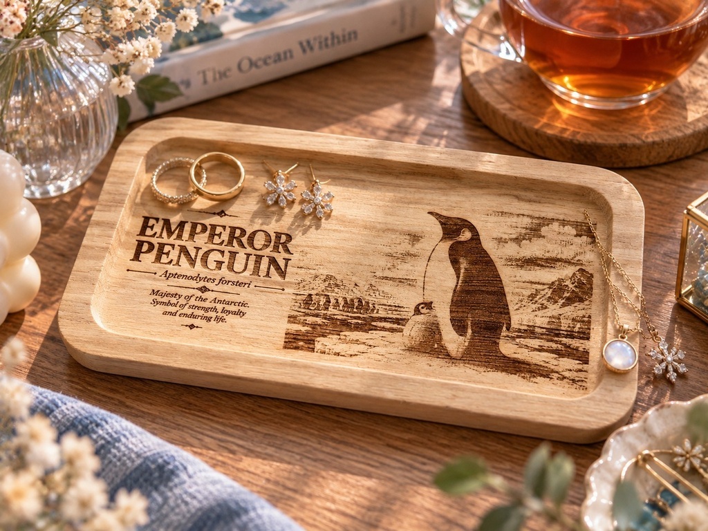 【図鑑シリーズ】皇帝ペンギン 木製アクセサリートレー|ミニイーゼル付き|レーザー刻印・鍵置き・小物入れ・インテリア