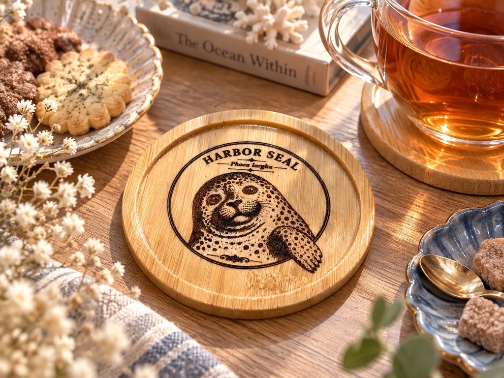 【海の図鑑シリーズ】ゴマフアザラシ 竹製コースター|レーザー刻印・ミニイーゼル付き|Harbor Seal・海の生き物・インテリア・ギフト