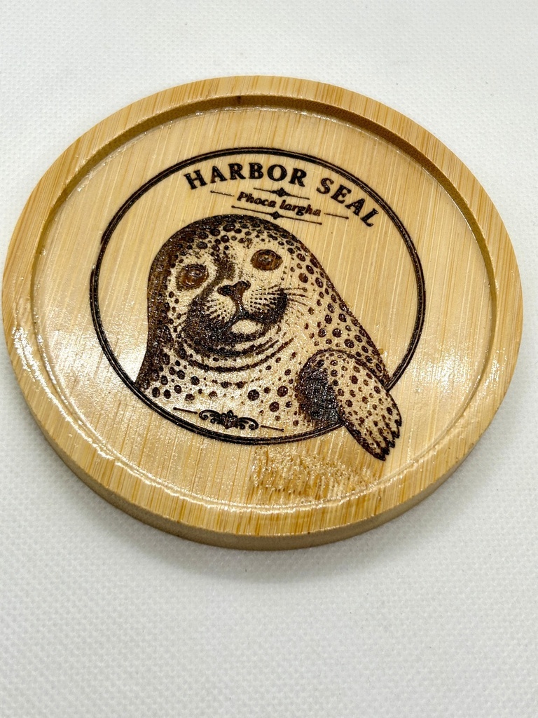 【海の図鑑シリーズ】ゴマフアザラシ 竹製コースター|レーザー刻印・ミニイーゼル付き|Harbor Seal・海の生き物・インテリア・ギフト