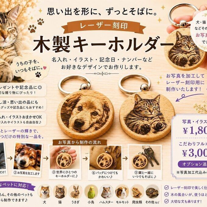【お写真から制作】うちの子 木製キーホルダー｜犬 猫 ペット 名入れ オーダーメイド レーザー刻印