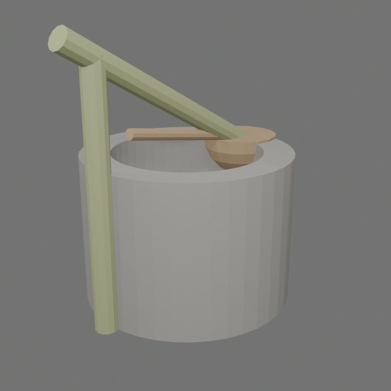 和風 手水鉢（つくばい）ローポリ3Dモデル｜柄杓・竹樋セット / Japanese Chozubachi Tsukubai Low-Poly 3D Model