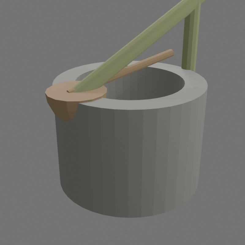 和風 手水鉢(つくばい)ローポリ3Dモデル|柄杓・竹樋セット / Japanese Chozubachi Tsukubai Low-Poly 3D Model