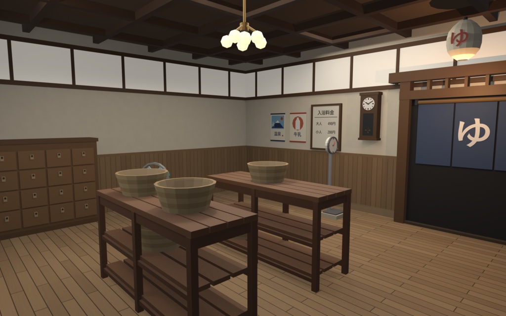 【VRChat想定】銭湯セット 34点 | ローポリ和風・公衆浴場アセット(番台/富士山ペンキ絵/タイル湯船/建材モジュール付)