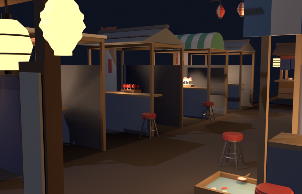 【VRChat想定】夜店・屋台街セット ローポリ17点 |縁日・夏祭り屋台(屋根4種付)