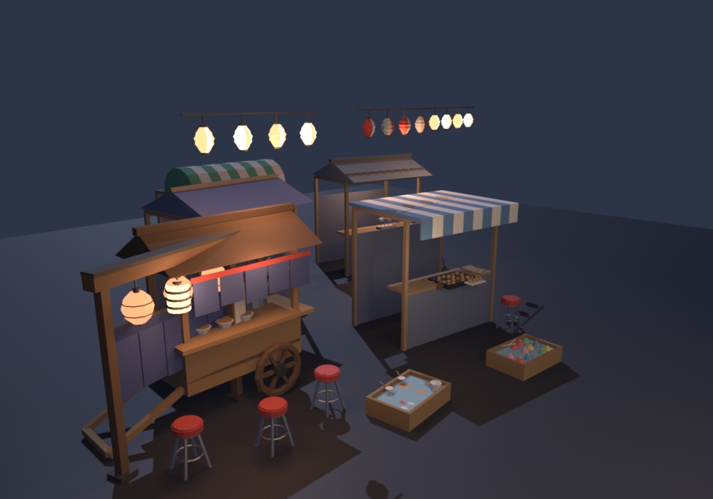 【VRChat想定】夜店・屋台街セット ローポリ17点 |縁日・夏祭り屋台(屋根4種付)