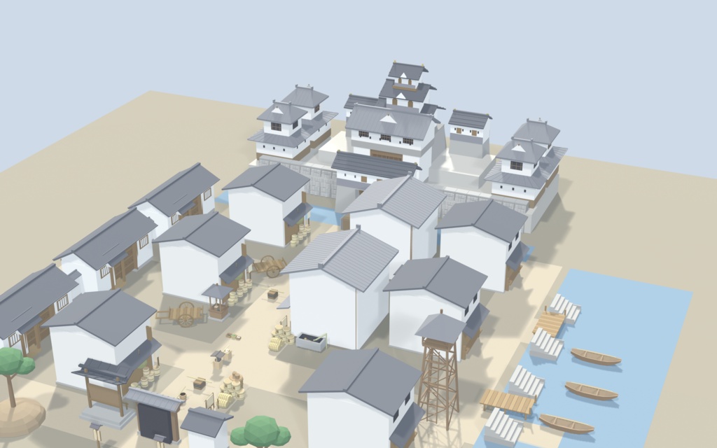 和風ローポリ 城下町セット 50点|天守・町家・武家屋敷・川辺|VRChat/Unity対応