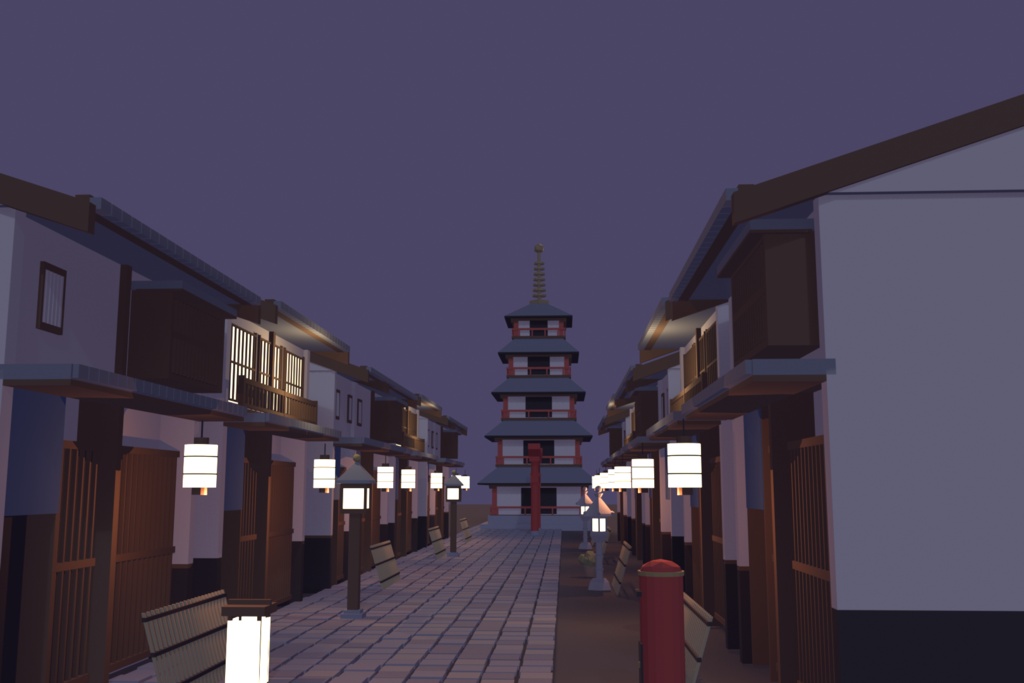 京都の街並みセット 51点｜VRChat向け和風ローポリ 町家・五重塔・鳥居・桜（低ポリ/テクスチャ不要）