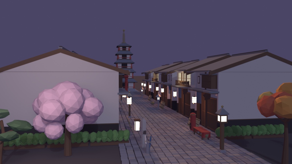 京都の街並みセット 51点|VRChat向け和風ローポリ 町家・五重塔・鳥居・桜(低ポリ/テクスチャ不要)