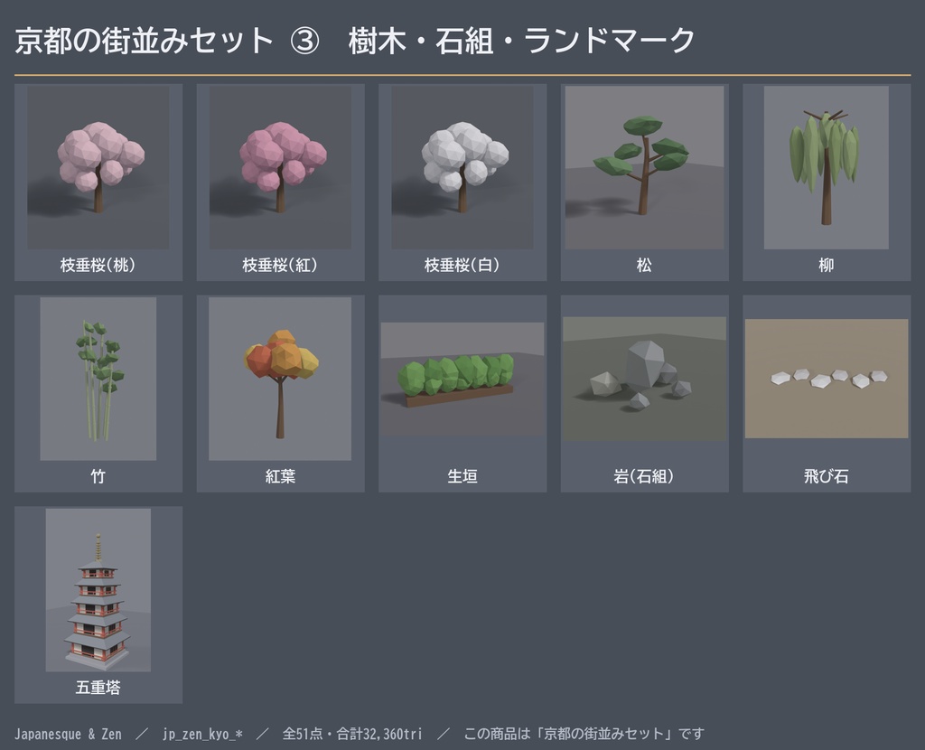 京都の街並みセット 51点|VRChat向け和風ローポリ 町家・五重塔・鳥居・桜(低ポリ/テクスチャ不要)