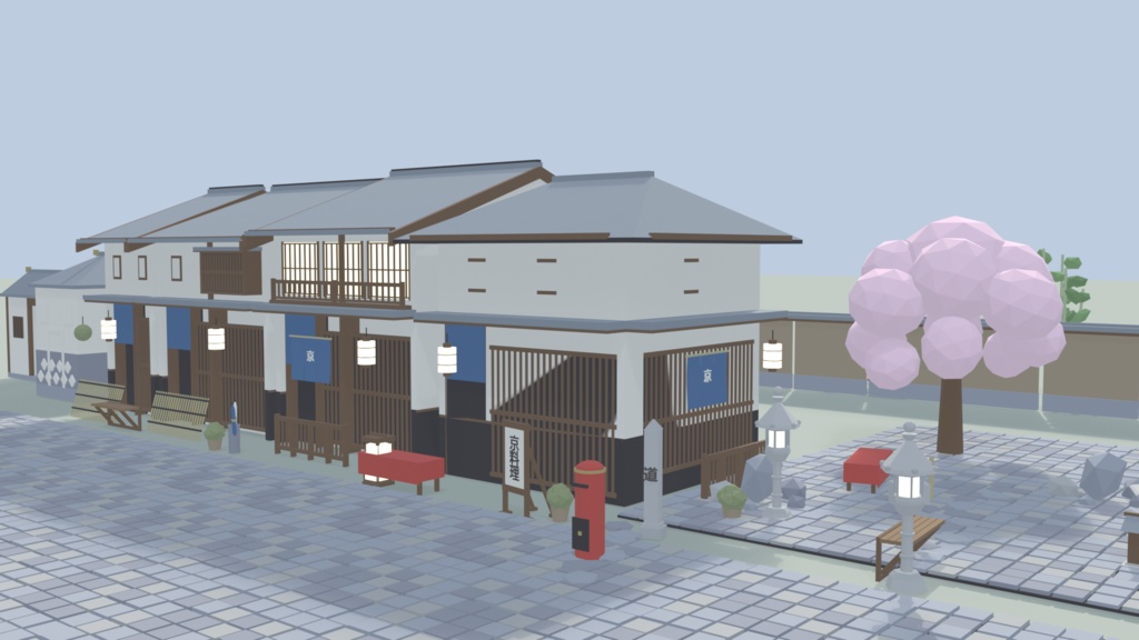 京都の街並みセット 51点|VRChat向け和風ローポリ 町家・五重塔・鳥居・桜(低ポリ/テクスチャ不要)