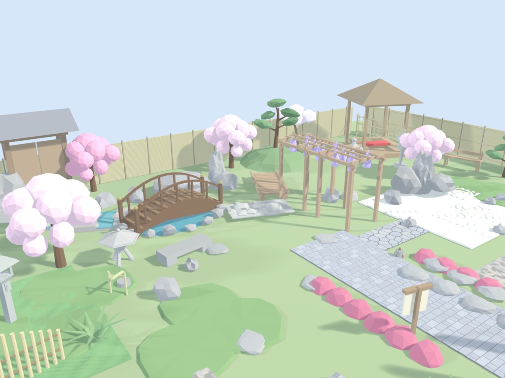 日本庭園70点セット|VRChat向け和風ローポリ 池泉・枯山水・灯籠・四季の植栽(低ポリ/テクスチャ不要)