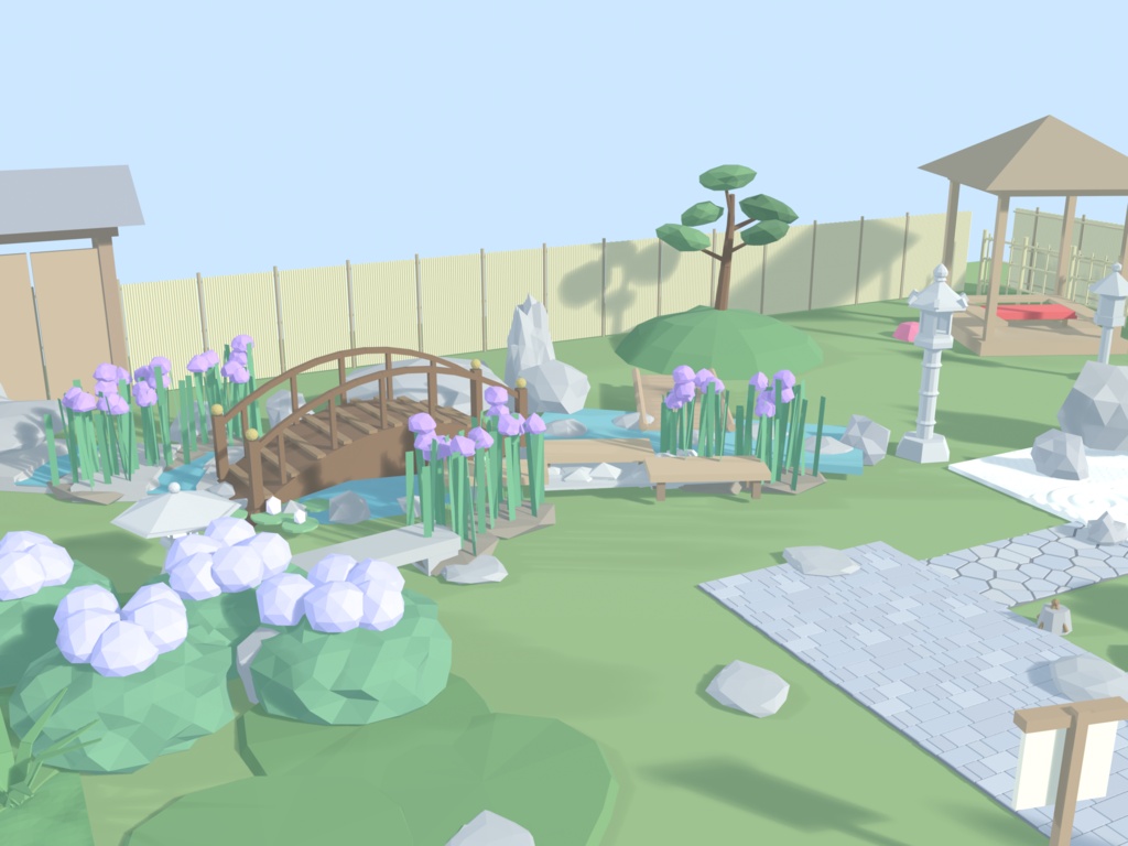 日本庭園70点セット|VRChat向け和風ローポリ 池泉・枯山水・灯籠・四季の植栽(低ポリ/テクスチャ不要)