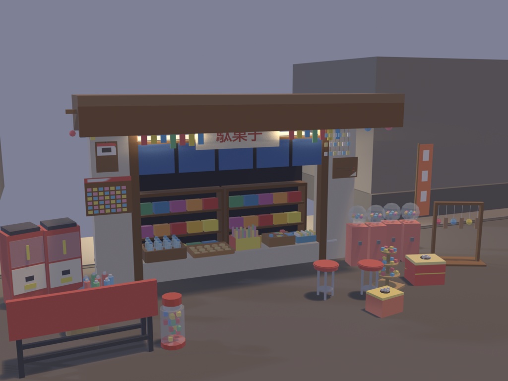 【VRChat想定】駄菓子屋セット 35点 | ローポリ和風・昭和レトロ(店構え/陳列棚/冷蔵ショーケース/ラムネ/くじ/ガチャ/吊り物 一式)