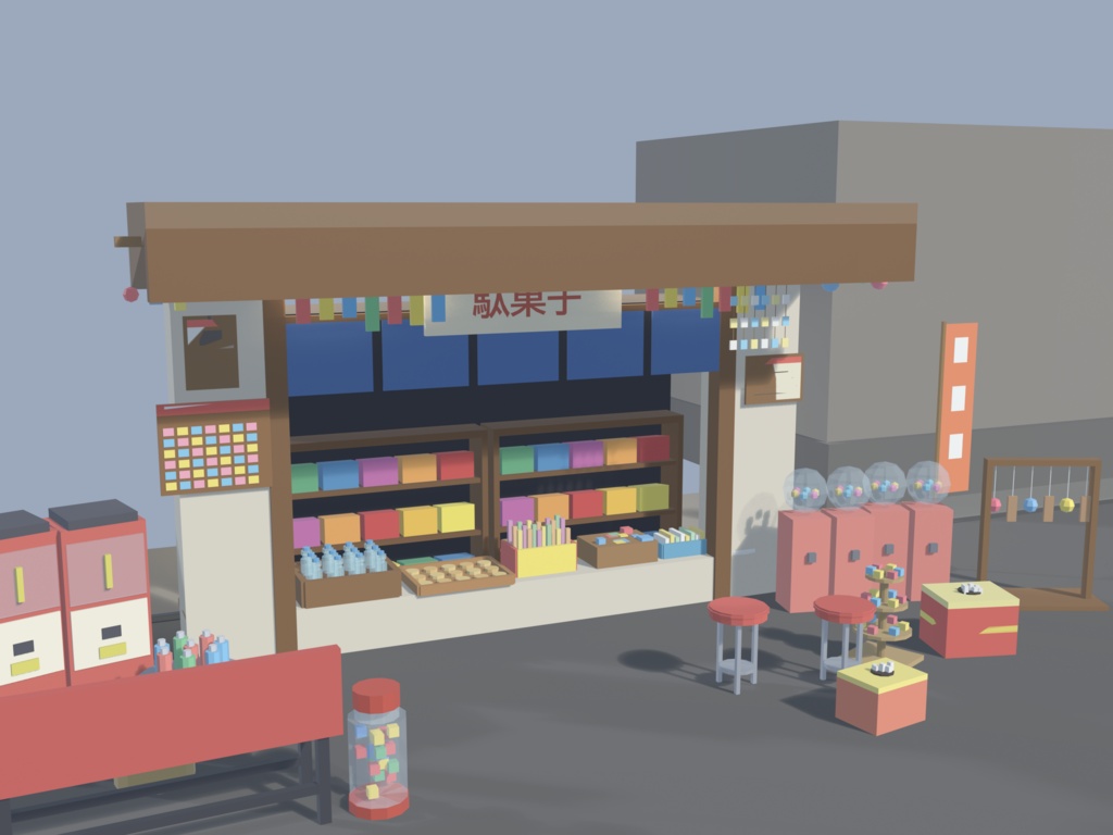 【VRChat想定】駄菓子屋セット 35点 | ローポリ和風・昭和レトロ(店構え/陳列棚/冷蔵ショーケース/ラムネ/くじ/ガチャ/吊り物 一式)