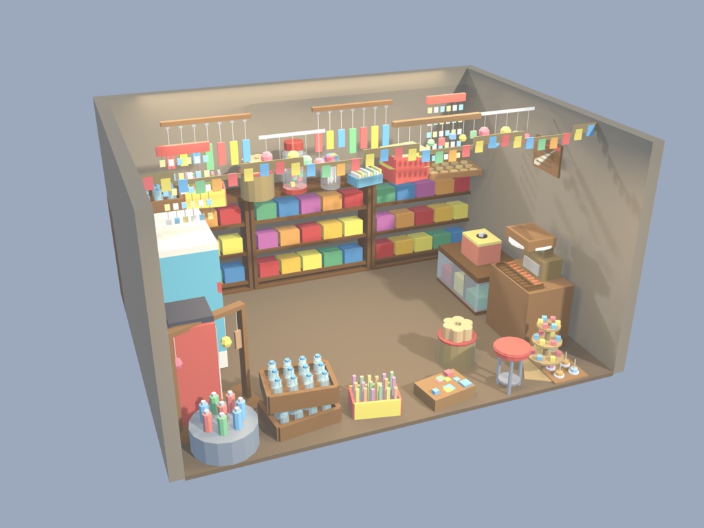 【VRChat想定】駄菓子屋セット 35点 | ローポリ和風・昭和レトロ(店構え/陳列棚/冷蔵ショーケース/ラムネ/くじ/ガチャ/吊り物 一式)