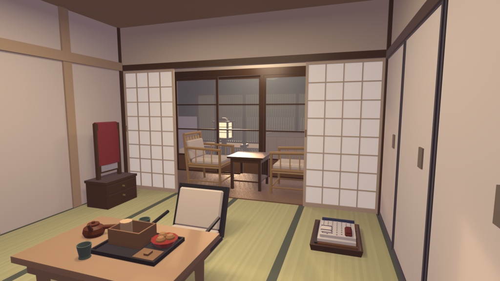 老舗温泉旅館セット 37点｜VRChat向け和風ローポリ 客室・露天風呂・帳場・囲炉裏（昔ながらの旅館／テクスチャ不要）