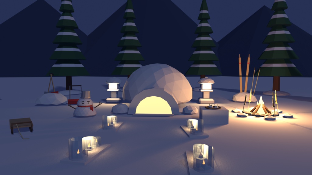 雪の温泉街・宿場セット 50点|¥500|VRChat向け冬の和風ローポリ 旅籠・外湯・足湯・湯けむり・かまくら・雪だるま・つらら(テクスチャ不要)