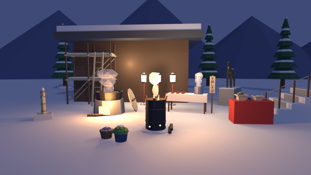 雪の庭・寺社セット 50点|¥500|VRChat向け冬の和風ローポリ 寒牡丹・丹頂鶴・雪洞・竹灯籠・大根焚き・節分の豆まき(テクスチャ不要)
