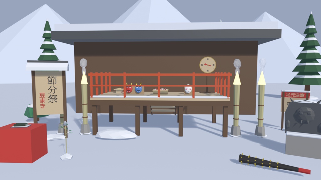 雪の庭・寺社セット 50点|¥500|VRChat向け冬の和風ローポリ 寒牡丹・丹頂鶴・雪洞・竹灯籠・大根焚き・節分の豆まき(テクスチャ不要)
