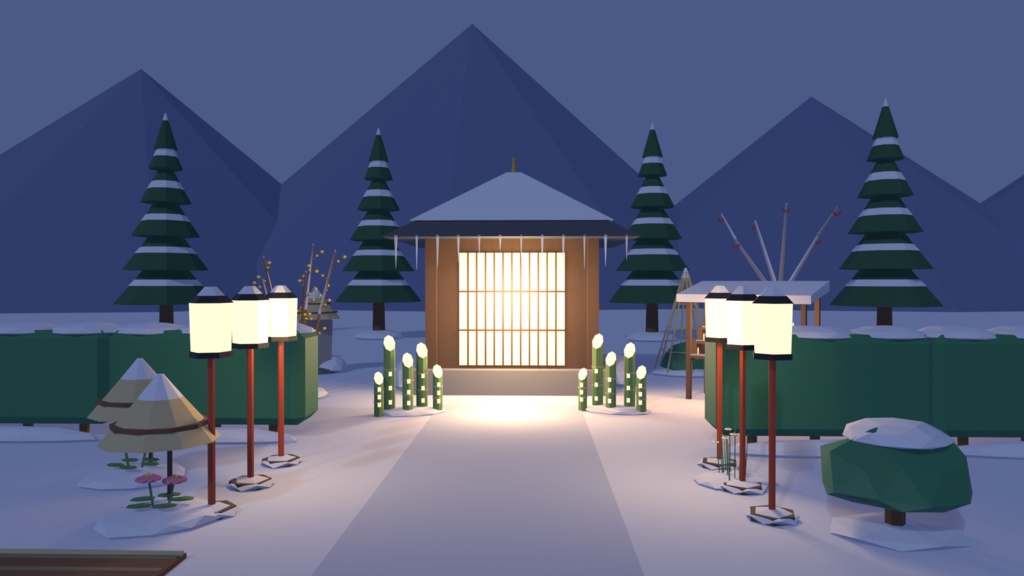 雪の庭・寺社セット 50点｜¥500｜VRChat向け冬の和風ローポリ 寒牡丹・丹頂鶴・雪洞・竹灯籠・大根焚き・節分の豆まき（テクスチャ不要）