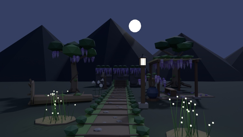 大正浪漫の夜街と藤の山セット 54点|¥500|VRChat向け大正ロマン・和風ファンタジーのローポリ 洋館・ガス灯・路面電車・ミルクホール・藤・鍛冶場(テクスチャ不要)