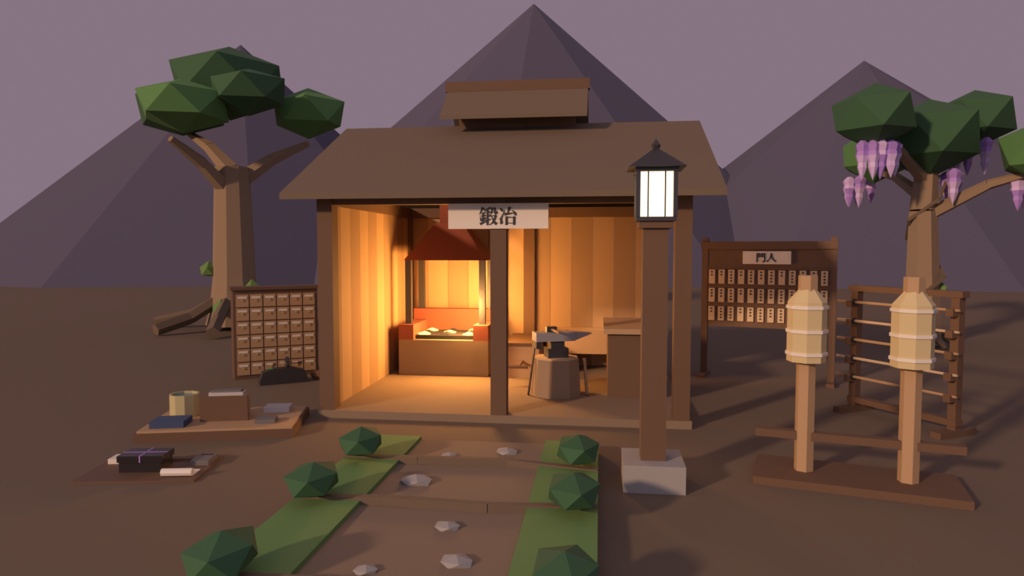 大正浪漫の夜街と藤の山セット 54点|¥500|VRChat向け大正ロマン・和風ファンタジーのローポリ 洋館・ガス灯・路面電車・ミルクホール・藤・鍛冶場(テクスチャ不要)