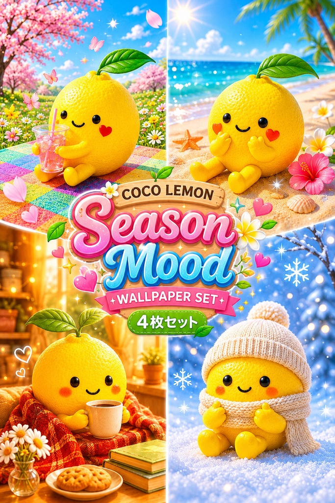 【高画質スマホ壁紙】COCO LEMON Season Mood Collection 🍋🌸｜春夏秋冬 癒しの壁紙4枚セット