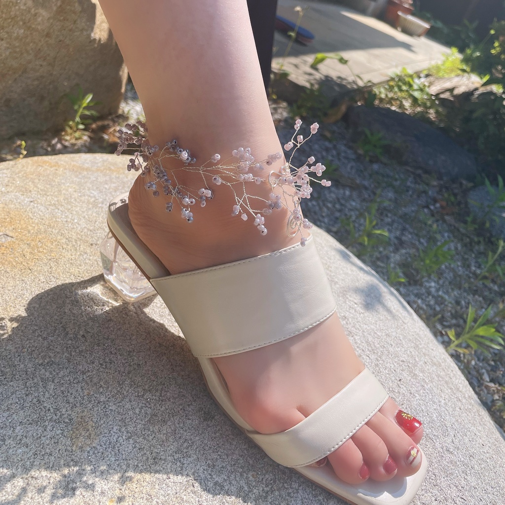 たっぷり小花のアンクレット ミルキーグリーン