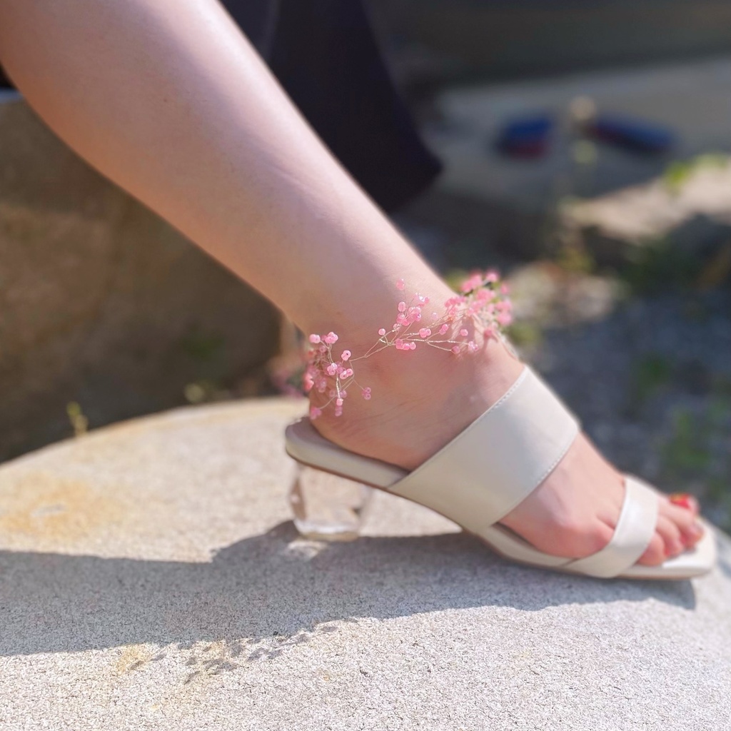 たっぷり小花のアンクレット ピンク