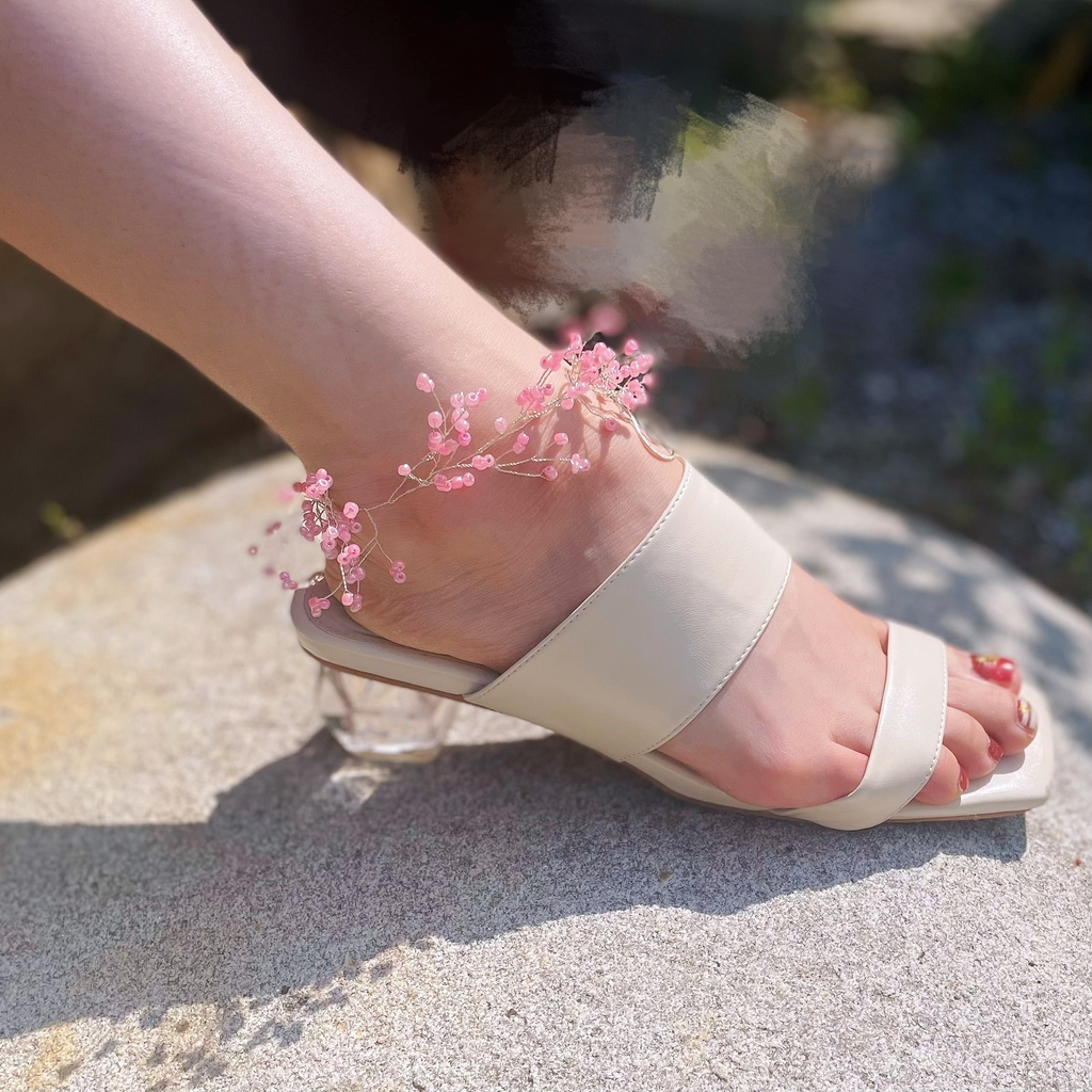 たっぷり小花のアンクレット ピンク