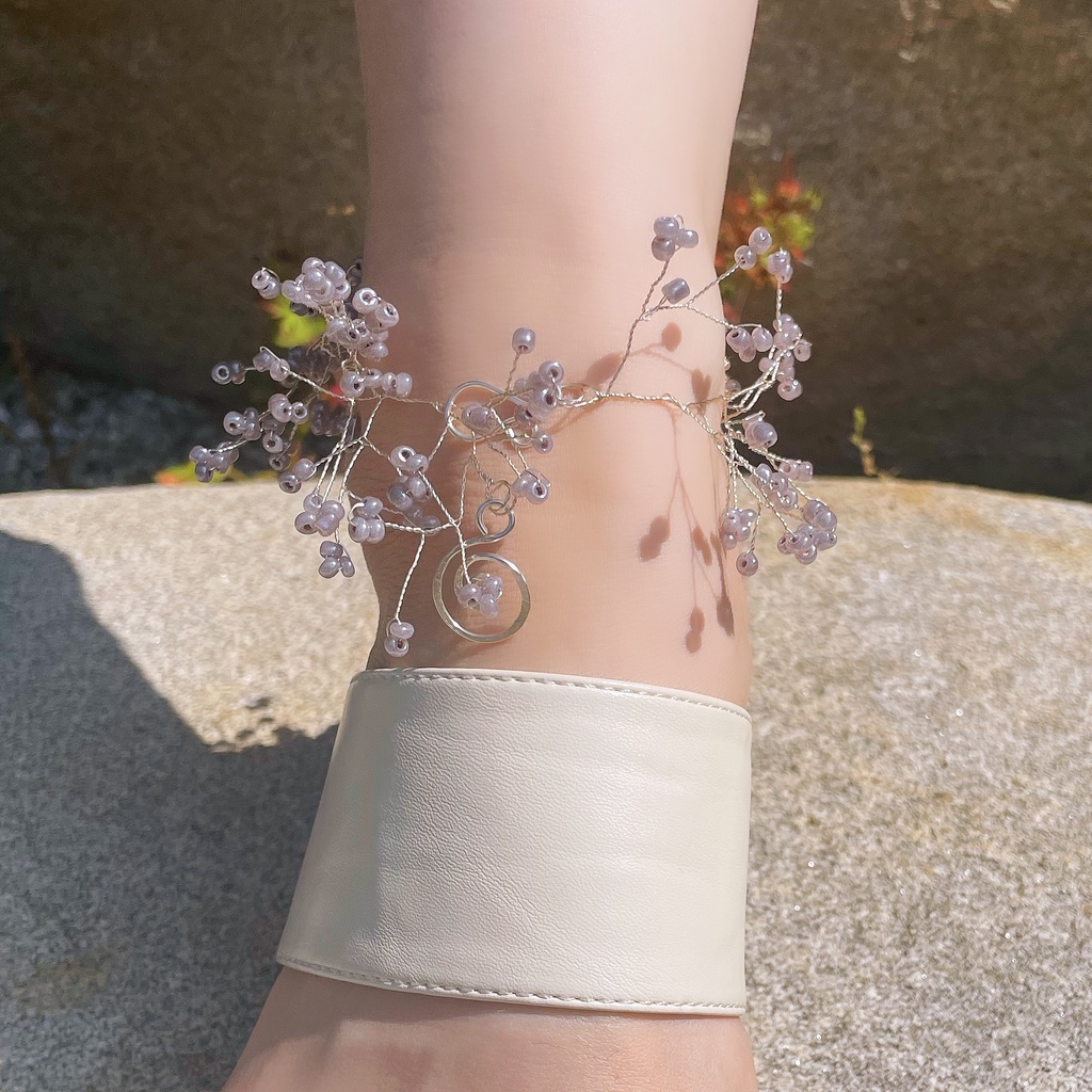 たっぷり小花のアンクレット くすみパープル