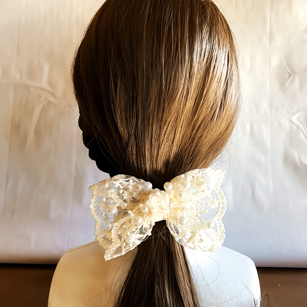 花柄レースのパールリボンヘアゴム