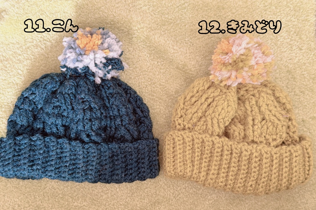 縄編み模様ぽんぽんニット帽子