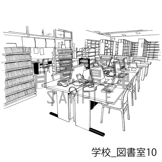 学校の背景集_セット23(図書室)