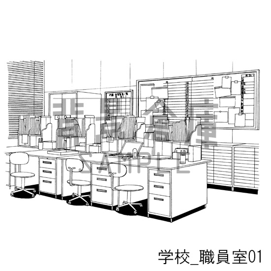 学校の背景集_セット6(職員室 図書室)