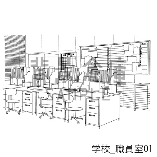 学校の背景集_セット6(職員室 図書室)