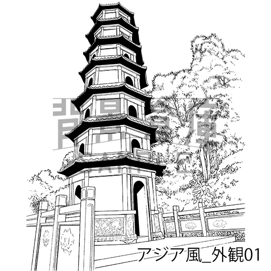 アジア風の背景集_セット1(外観 室内)_トーン