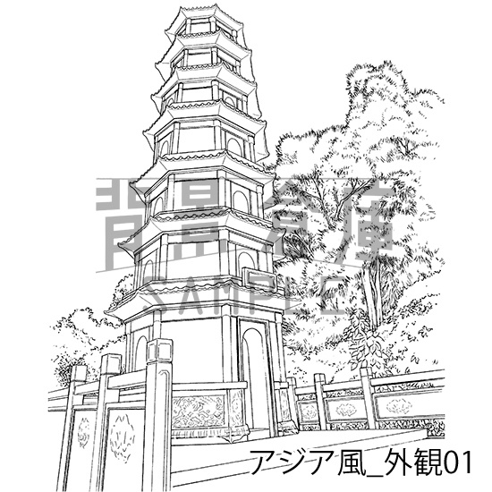 アジア風の背景集_セット1(外観 室内)_トーン