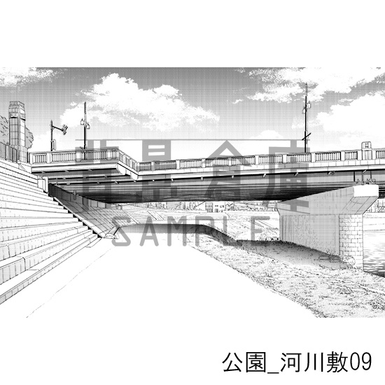 公園_背景素材集5(河川敷)_トーン
