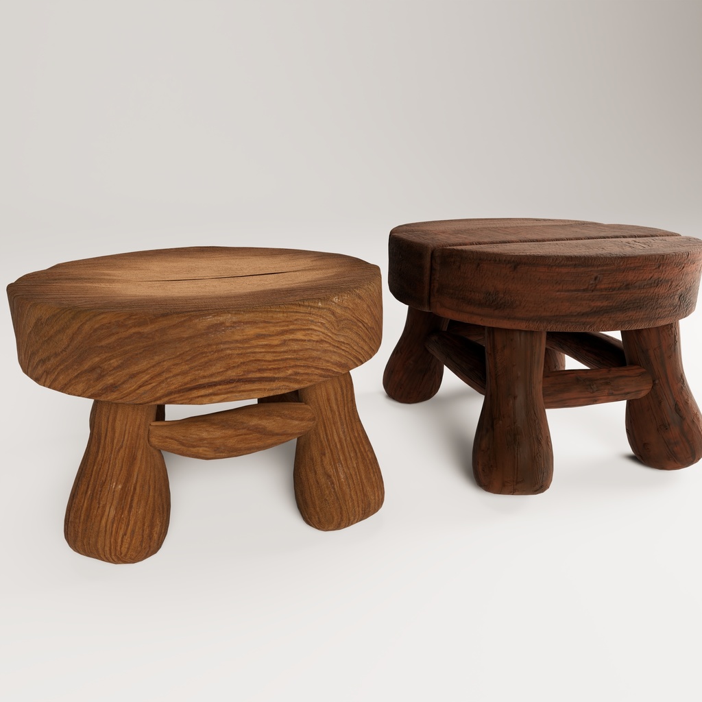 木製スツール、Stools, CGモデル、ローポリ、ゲーム素材【fbx, abc データ】【ゲーム用素材】【テクスチャ】