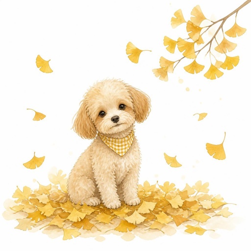 イチョウの葉と犬