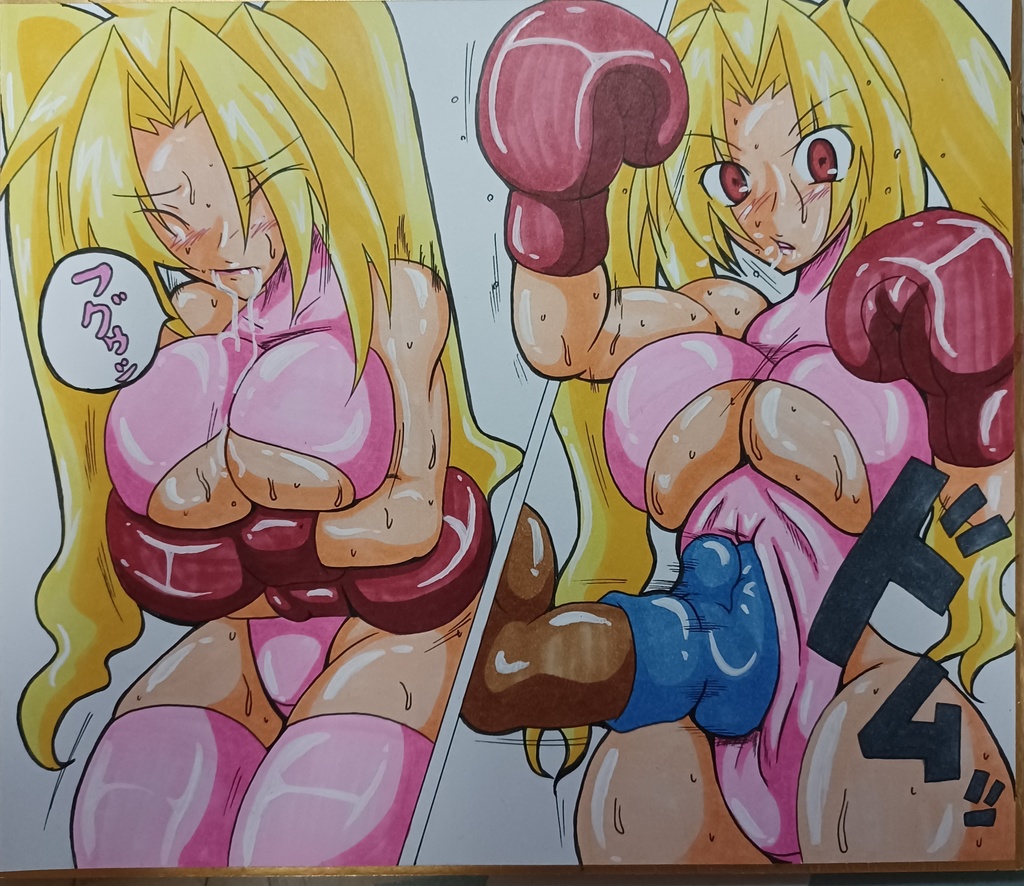 桃山姫子　カウンターボディを食らい腹を抑えて悶絶。色紙　中サイズ