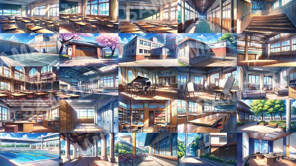 学校の背景素材75枚（25か所×昼・夕・夜）1920×1080【AI生成・商用可】