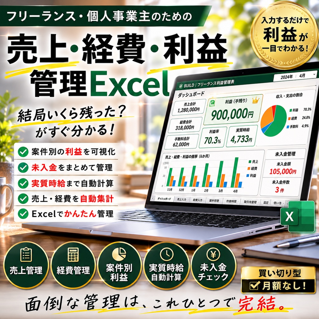 【フリーランス・個人事業主向け】売上・経費・利益管理Excel｜案件別利益・未入金・実質時給を自動集計