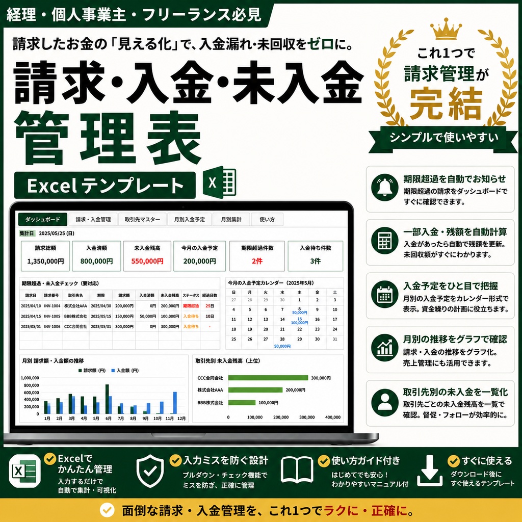 【フリーランス・個人事業主向け】請求・入金・未入金管理Excel｜期限超過・一部入金・入金予定を自動管理